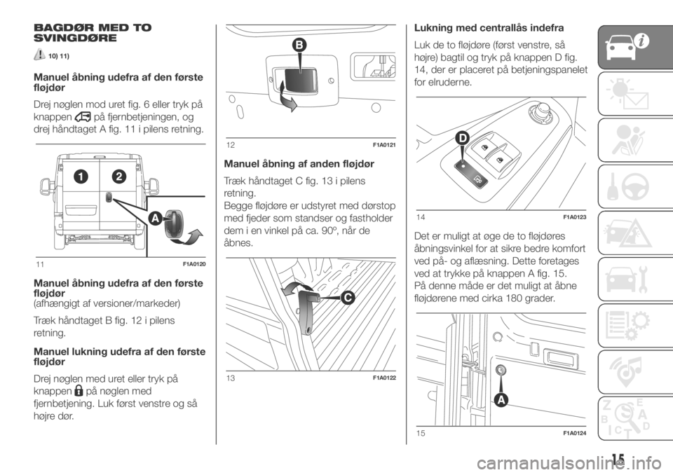 FIAT DUCATO 2018  Brugs- og vedligeholdelsesvejledning (in Danish) BAGDØR MED TO
SVINGDØRE
10) 11)
Manuel åbning udefra af den første
fløjdør
Drej nøglen mod uret fig. 6 eller tryk på
knappen
på fjernbetjeningen, og
drej håndtaget A fig. 11 i pilens retning