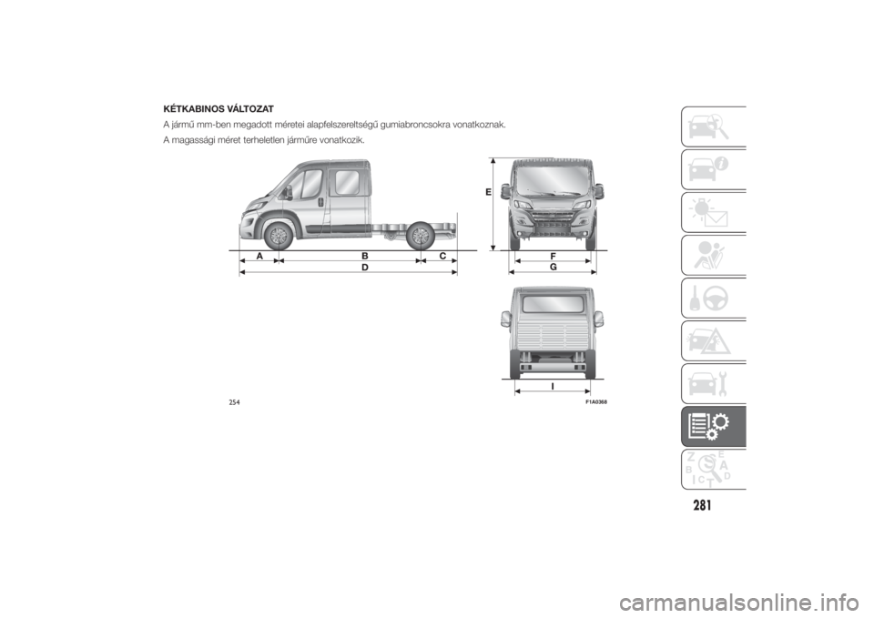 FIAT DUCATO 2014  Kezelési és karbantartási útmutató (in Hungarian) KÉTKABINOS VÁLTOZAT
A jármű mm-ben megadott méretei alapfelszereltségű gumiabroncsokra vonatkoznak.
A magassági méret terheletlen járműre vonatkozik.
254
F1A0368
281
10-3-2014 11:0 Pagina 2