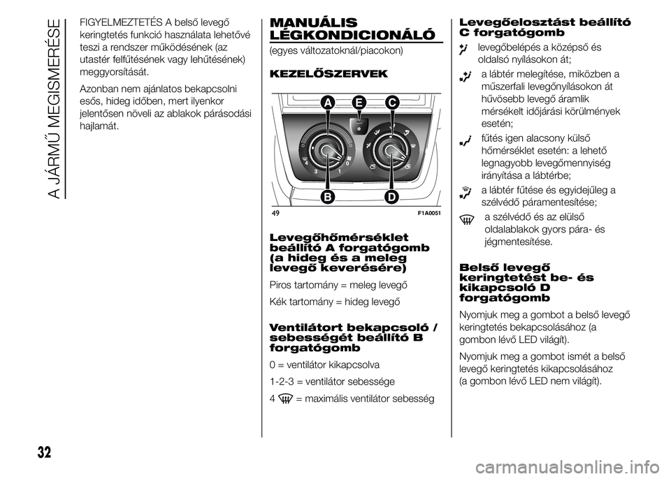 FIAT DUCATO 2015  Kezelési és karbantartási útmutató (in Hungarian) FIGYELMEZTETÉS A belső levegő
keringtetés funkció használata lehetővé
teszi a rendszer működésének (az
utastér felfűtésének vagy lehűtésének)
meggyorsítását.
Azonban nem ajánlat