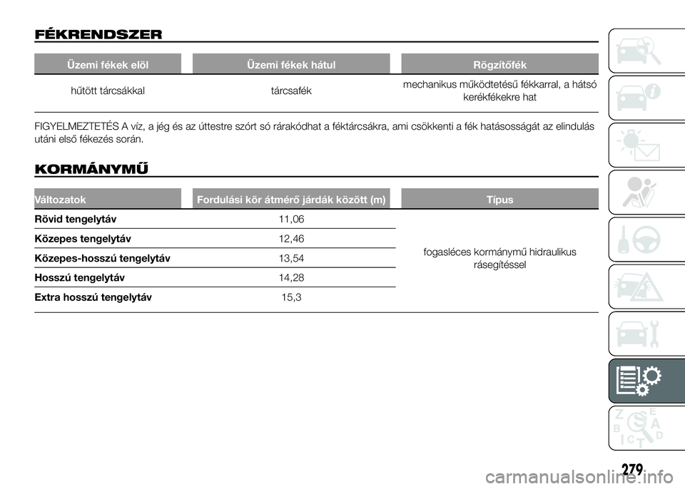 FIAT DUCATO 2016  Kezelési és karbantartási útmutató (in Hungarian) FÉKRENDSZER
Üzemi fékek elöl Üzemi fékek hátul Rögzítőfék
hűtött tárcsákkal tárcsafékmechanikus működtetésű fékkarral, a hátsó
kerékfékekre hat
FIGYELMEZTETÉS A víz, a jég
