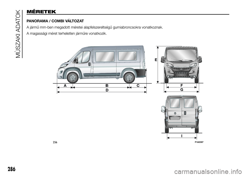 FIAT DUCATO 2016  Kezelési és karbantartási útmutató (in Hungarian) 256F1A0367
286
MÙSZAKI ADATOK
MÉRETEK
PANORAMA / COMBI VÁLTOZAT
A jármű mm-ben megadott méretei alapfelszereltségű gumiabroncsokra vonatkoznak.
A magassági méret terheletlen járműre vonatk