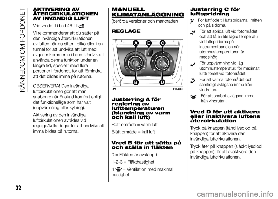 FIAT DUCATO 2015  Drift- och underhållshandbok (in Swedish) AKTIVERING AV
ÅTERCIRKULATIONEN
AV INVÄNDIG LUFT
Vrid vredet D bild 46 till
.
Vi rekommenderar att du sätter på
den invändiga återcirkulationen
av luften när du sitter i bilkö eller i en
tunne