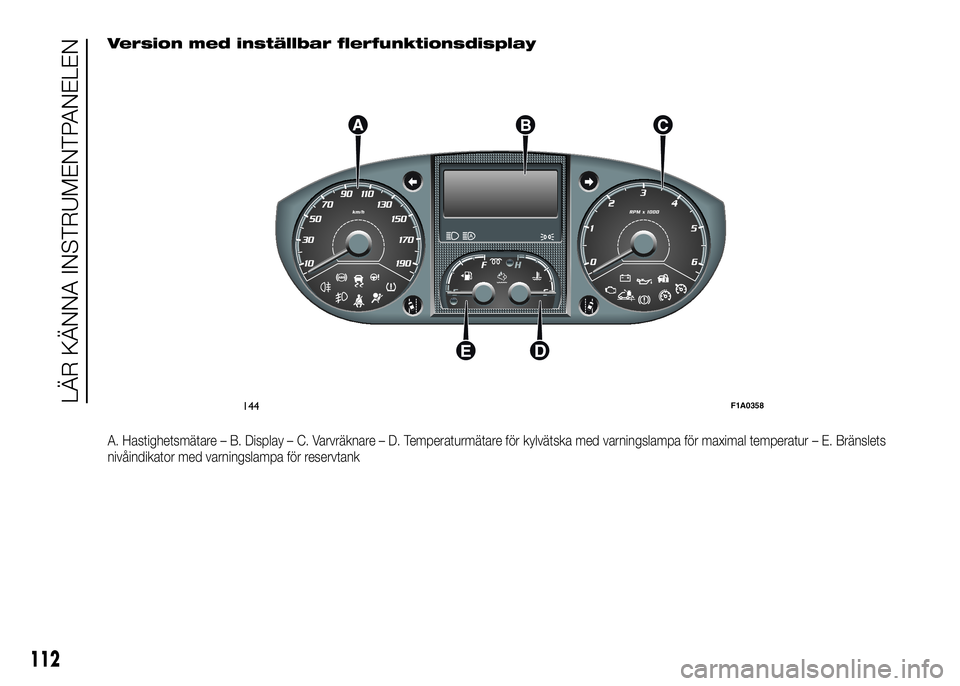 FIAT DUCATO 2016 Drift- och underhållshandbok (in Swedish) Version med inställbar flerfunktionsdisplay
A. Hastighetsmätare – B. Display – C. Varvräknare – D. Temperaturmätare för kylvätska med varningslampa för maximal temperatur – E. Bränslet FIAT DUCATO 2016 Drift- och underhållshandbok (in Swedish) Version med inställbar flerfunktionsdisplay
A. Hastighetsmätare – B. Display – C. Varvräknare – D. Temperaturmätare för kylvätska med varningslampa för maximal temperatur – E. Bränslet