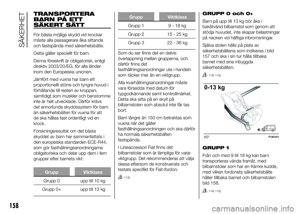 FIAT DUCATO 2016 Drift- och underhållshandbok (in Swedish) TRANSPORTERA
BARN PÅ ETT
SÄKERT SÄTT
För bästa möjliga skydd vid krockar
måste alla passagerare åka sittande
och fastspända med säkerhetsbälte.
Detta gäller speciellt för barn.
Denna för FIAT DUCATO 2016 Drift- och underhållshandbok (in Swedish) TRANSPORTERA
BARN PÅ ETT
SÄKERT SÄTT
För bästa möjliga skydd vid krockar
måste alla passagerare åka sittande
och fastspända med säkerhetsbälte.
Detta gäller speciellt för barn.
Denna för