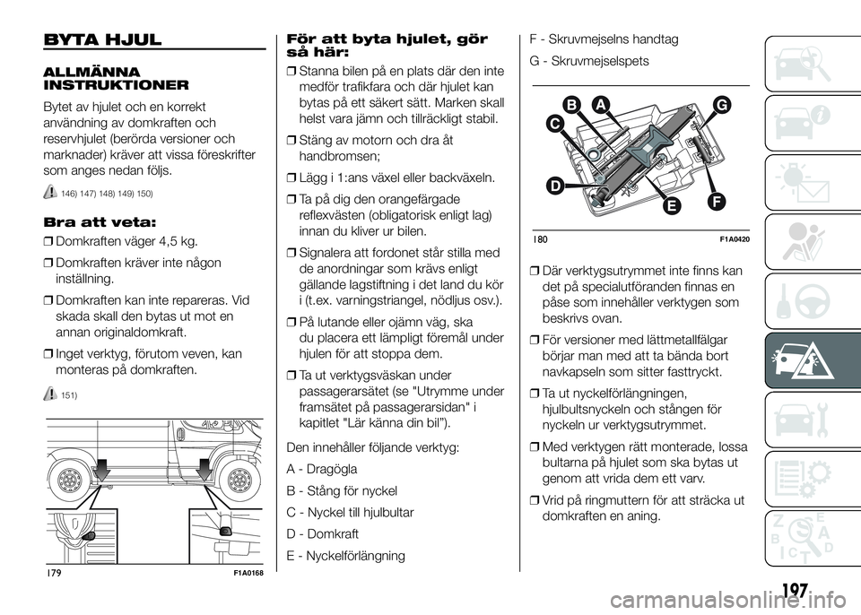 FIAT DUCATO 2016 Drift- och underhållshandbok (in Swedish) BYTA HJUL
ALLMÄNNA
INSTRUKTIONER
Bytet av hjulet och en korrekt
användning av domkraften och
reservhjulet (berörda versioner och
marknader) kräver att vissa föreskrifter
som anges nedan följs.
1 FIAT DUCATO 2016 Drift- och underhållshandbok (in Swedish) BYTA HJUL
ALLMÄNNA
INSTRUKTIONER
Bytet av hjulet och en korrekt
användning av domkraften och
reservhjulet (berörda versioner och
marknader) kräver att vissa föreskrifter
som anges nedan följs.
1