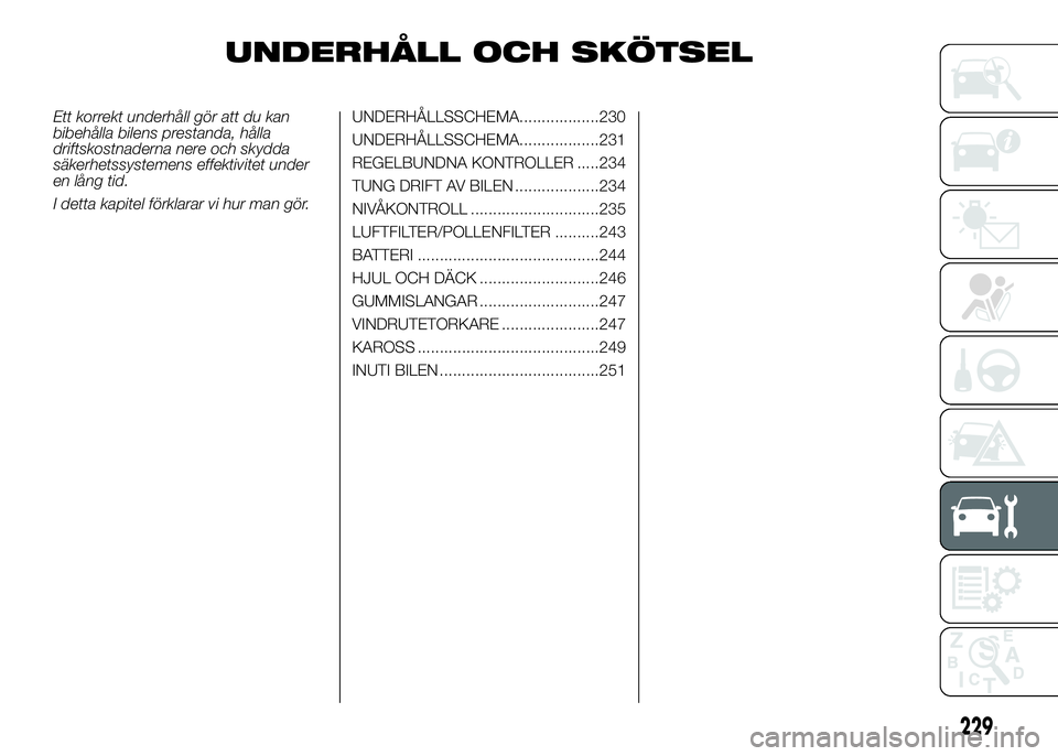 FIAT DUCATO 2016 Drift- och underhållshandbok (in Swedish) UNDERHÅLL OCH SKÖTSEL
Ett korrekt underhåll gör att du kan
bibehålla bilens prestanda, hålla
driftskostnaderna nere och skydda
säkerhetssystemens effektivitet under
en lång tid.
I detta kapite FIAT DUCATO 2016 Drift- och underhållshandbok (in Swedish) UNDERHÅLL OCH SKÖTSEL
Ett korrekt underhåll gör att du kan
bibehålla bilens prestanda, hålla
driftskostnaderna nere och skydda
säkerhetssystemens effektivitet under
en lång tid.
I detta kapite