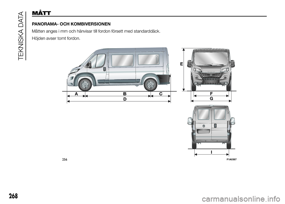 FIAT DUCATO 2016  Drift- och underhållshandbok (in Swedish) MÅTT
PANORAMA- OCH KOMBIVERSIONEN
Måtten anges i mm och hänvisar till fordon försett med standarddäck.
Höjden avser tomt fordon.
256F1A0367
268
TEKNISKA DATA 