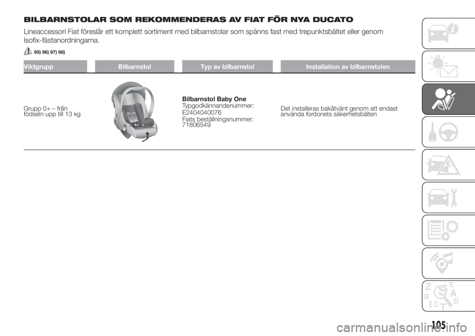 FIAT DUCATO 2017  Drift- och underhållshandbok (in Swedish) BILBARNSTOLAR SOM REKOMMENDERAS AV FIAT FÖR NYA DUCATO
Lineaccessori Fiat föreslår ett komplett sortiment med bilbarnstolar som spänns fast med trepunktsbältet eller genom
Isofix-fästanordningar