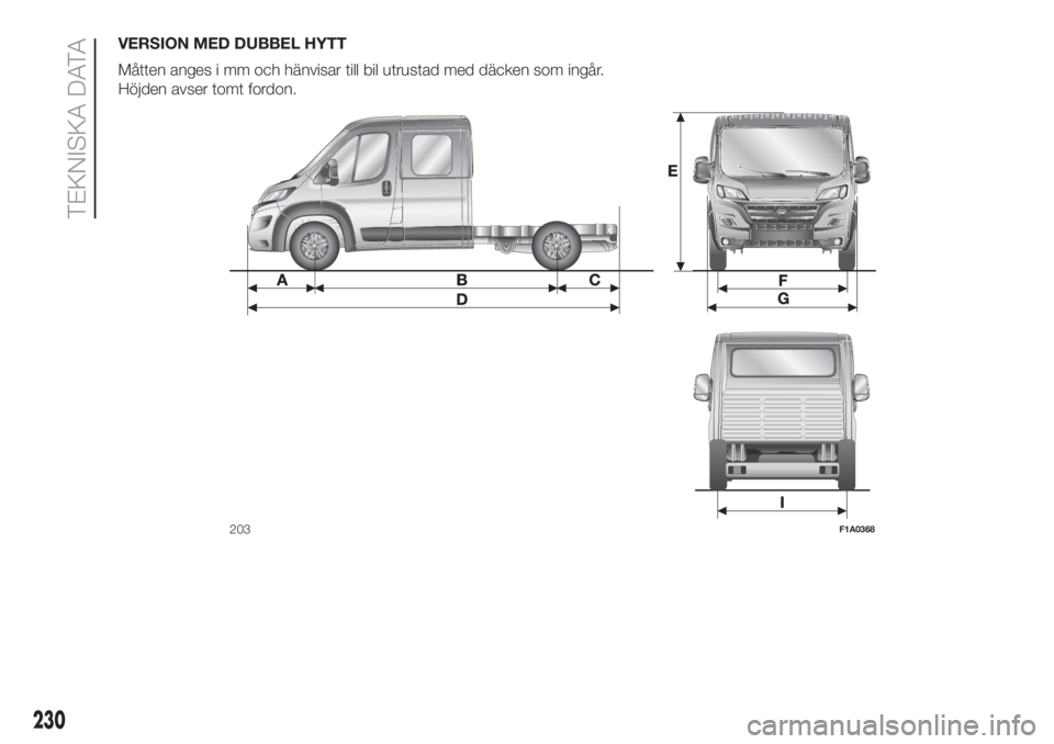 FIAT DUCATO 2017  Drift- och underhållshandbok (in Swedish) VERSION MED DUBBEL HYTT
Måtten anges i mm och hänvisar till bil utrustad med däcken som ingår.
Höjden avser tomt fordon.
203F1A0368
230
TEKNISKA DATA 