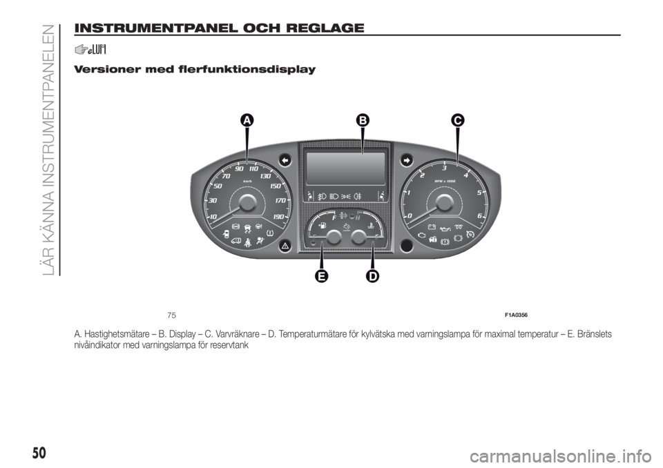 FIAT DUCATO 2017  Drift- och underhållshandbok (in Swedish) INSTRUMENTPANEL OCH REGLAGE
.
Versioner med flerfunktionsdisplay
A. Hastighetsmätare – B. Display – C. Varvräknare – D. Temperaturmätare för kylvätska med varningslampa för maximal tempera