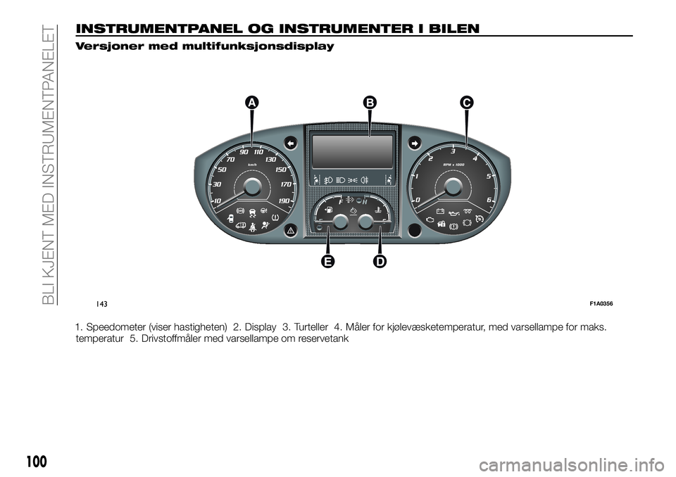FIAT DUCATO 2015 Drift- og vedlikeholdshåndbok (in Norwegian) INSTRUMENTPANEL OG INSTRUMENTER I BILEN
Versjoner med multifunksjonsdisplay
1. Speedometer (viser hastigheten) 2. Display 3. Turteller 4. Måler for kjølevæsketemperatur, med varsellampe for maks.
t FIAT DUCATO 2015 Drift- og vedlikeholdshåndbok (in Norwegian) INSTRUMENTPANEL OG INSTRUMENTER I BILEN
Versjoner med multifunksjonsdisplay
1. Speedometer (viser hastigheten) 2. Display 3. Turteller 4. Måler for kjølevæsketemperatur, med varsellampe for maks.
t