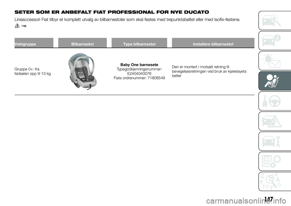 FIAT DUCATO 2016  Drift- og vedlikeholdshåndbok (in Norwegian) SETER SOM ER ANBEFALT FIAT PROFESSIONAL FOR NYE DUCATO
Lineaccessori Fiat tilbyr et komplett utvalg av bilbarnestoler som skal festes med trepunktsbeltet eller med Isofix-festene.
118)
Vektgruppe Bilb