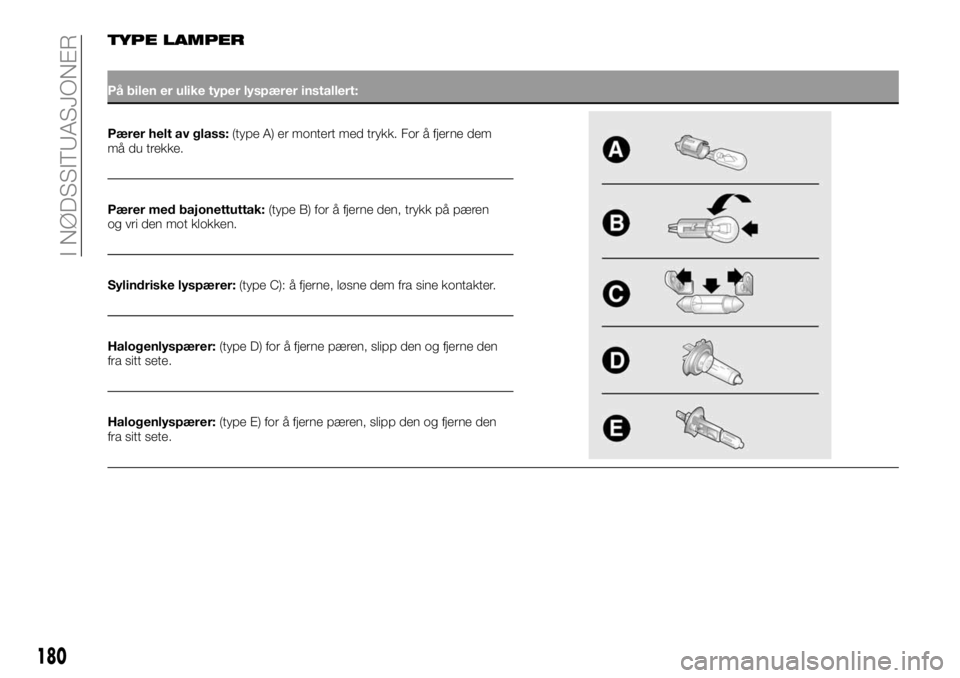FIAT DUCATO 2017  Drift- og vedlikeholdshåndbok (in Norwegian) TYPE LAMPER
På bilen er ulike typer lyspærer installert:
Pærer helt av glass:(type A) er montert med trykk. For å fjerne dem
må du trekke.
Pærer med bajonettuttak:(type B) for å fjerne den, try