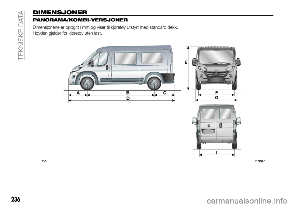 FIAT DUCATO 2017  Drift- og vedlikeholdshåndbok (in Norwegian) DIMENSJONER
PANORAMA/KOMBI-VERSJONER
Dimensjonene er oppgitt i mm og viser til kjøretøy utstyrt med standard dekk.
Høyden gjelder for kjøretøy uten last.
256F1A0367
236
TEKNISKE DATA 
