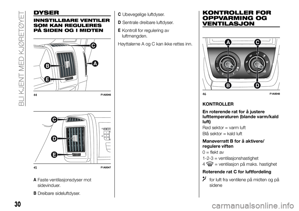 FIAT DUCATO 2017 Drift- og vedlikeholdshåndbok (in Norwegian) DYSER
INNSTILLBARE VENTILER
SOM KAN REGULERES
PÅ SIDEN OG I MIDTEN
AFaste ventilasjonsdyser mot
sidevinduer.
BDreibare sideluftdyser.
CUbevegelige luftdyser.
DSentrale dreibare luftdyser.
EKontroll f FIAT DUCATO 2017 Drift- og vedlikeholdshåndbok (in Norwegian) DYSER
INNSTILLBARE VENTILER
SOM KAN REGULERES
PÅ SIDEN OG I MIDTEN
AFaste ventilasjonsdyser mot
sidevinduer.
BDreibare sideluftdyser.
CUbevegelige luftdyser.
DSentrale dreibare luftdyser.
EKontroll f