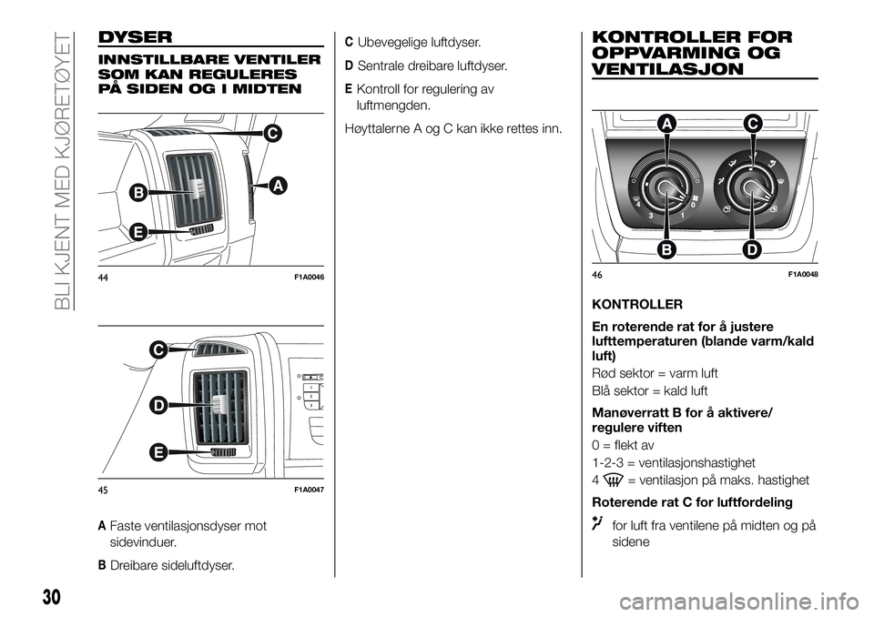 FIAT DUCATO 2017  Drift- og vedlikeholdshåndbok (in Norwegian) DYSER
INNSTILLBARE VENTILER
SOM KAN REGULERES
PÅ SIDEN OG I MIDTEN
AFaste ventilasjonsdyser mot
sidevinduer.
BDreibare sideluftdyser.
CUbevegelige luftdyser.
DSentrale dreibare luftdyser.
EKontroll f