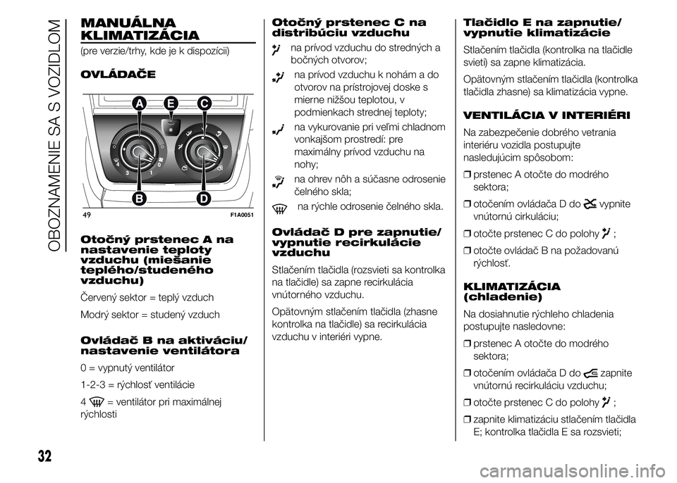 FIAT DUCATO 2015 Návod na použitie a údržbu (in Slovakian) MANUÁLNA
KLIMATIZÁCIA
(pre verzie/trhy, kde je k dispozícii)
OVLÁDAČE
Otočný prstenec A na
nastavenie teploty
vzduchu (miešanie
teplého/studeného
vzduchu)
Červený sektor = teplý vzduch
Mo FIAT DUCATO 2015 Návod na použitie a údržbu (in Slovakian) MANUÁLNA
KLIMATIZÁCIA
(pre verzie/trhy, kde je k dispozícii)
OVLÁDAČE
Otočný prstenec A na
nastavenie teploty
vzduchu (miešanie
teplého/studeného
vzduchu)
Červený sektor = teplý vzduch
Mo