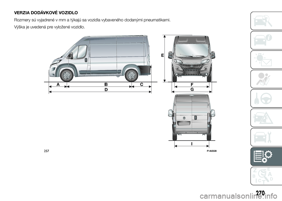 FIAT DUCATO 2017  Návod na použitie a údržbu (in Slovakian) VERZIA DODÁVKOVÉ VOZIDLO
Rozmery sú vyjadrené v mm a týkajú sa vozidla vybaveného dodanými pneumatikami.
Výška je uvedená pre vyložené vozidlo.
257F1A0328
270 