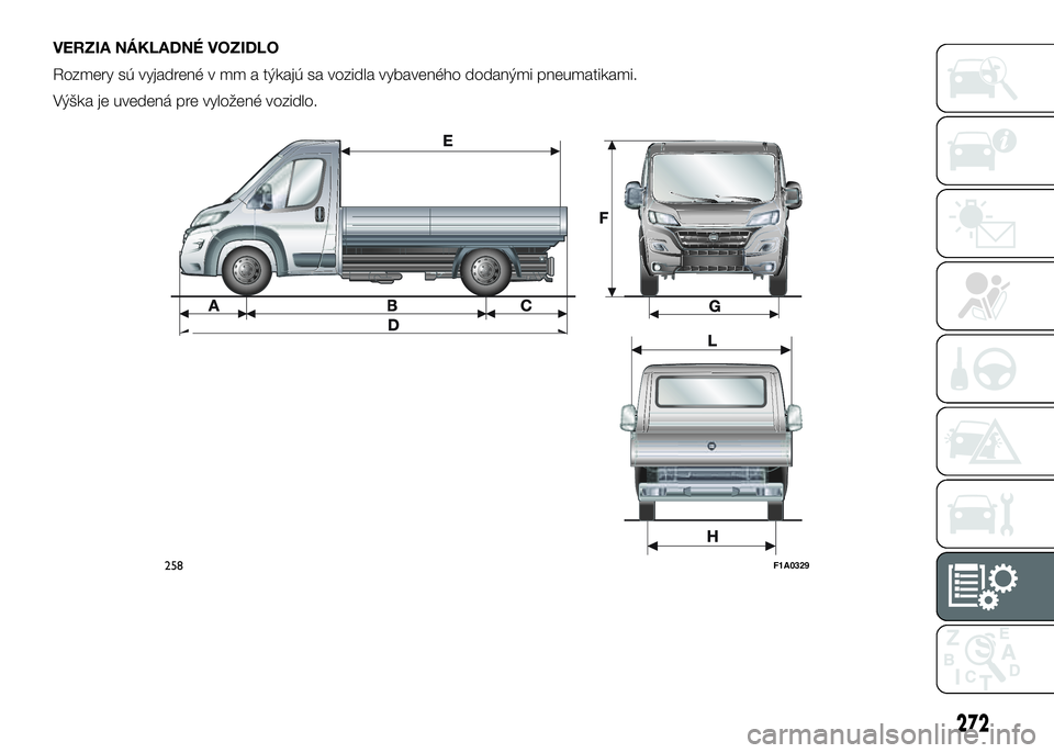 FIAT DUCATO 2017  Návod na použitie a údržbu (in Slovakian) VERZIA NÁKLADNÉ VOZIDLO
Rozmery sú vyjadrené v mm a týkajú sa vozidla vybaveného dodanými pneumatikami.
Výška je uvedená pre vyložené vozidlo.
258F1A0329
272 