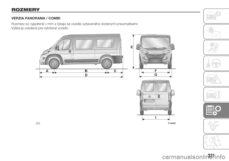 FIAT DUCATO 2018  Návod na použitie a údržbu (in Slovakian) ROZMERY
VERZIA PANORAMA / COMBI
Rozmery sú vyjadrené v mm a týkajú sa vozidla vybaveného dodanými pneumatikami.
Výška je uvedená pre vyložené vozidlo.
222F1A0367
231 