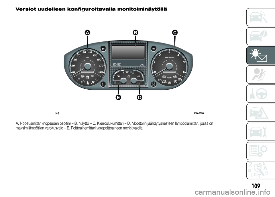 FIAT DUCATO 2017  Käyttö- ja huolto-ohjekirja (in in Finnish) Versiot uudelleen konfiguroitavalla monitoiminäytöllä
A. Nopeusmittari (nopeuden osoitin) – B. Näyttö – C. Kierroslukumittari – D. Moottorin jäähdytysnesteen lämpötilamittari, jossa on
