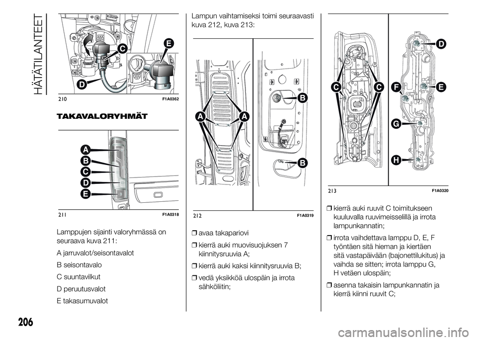 FIAT DUCATO 2016  Käyttö- ja huolto-ohjekirja (in in Finnish) TAKAVALORYHMÄT
Lamppujen sijainti valoryhmässä on
seuraava kuva 211:
A jarruvalot/seisontavalot
B seisontavalo
C suuntavilkut
D peruutusvalot
E takasumuvalotLampun vaihtamiseksi toimi seuraavasti
k