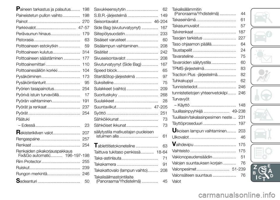 FIAT DUCATO 2017  Käyttö- ja huolto-ohjekirja (in in Finnish) Paineen tarkastus ja palautus........ 198
Paineistetun pullon vaihto ............... 198
Painot ............................................ 270
Parkkivalot.................................. 47-57
Per