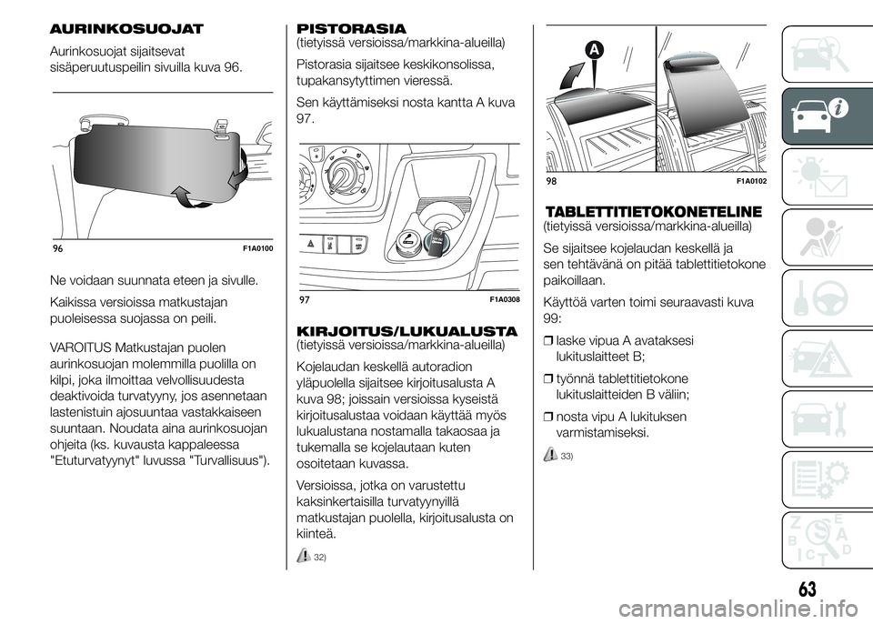 FIAT DUCATO 2016  Käyttö- ja huolto-ohjekirja (in in Finnish) AURINKOSUOJAT
Aurinkosuojat sijaitsevat
sisäperuutuspeilin sivuilla kuva 96.
Ne voidaan suunnata eteen ja sivulle.
Kaikissa versioissa matkustajan
puoleisessa suojassa on peili.
VAROITUS Matkustajan 