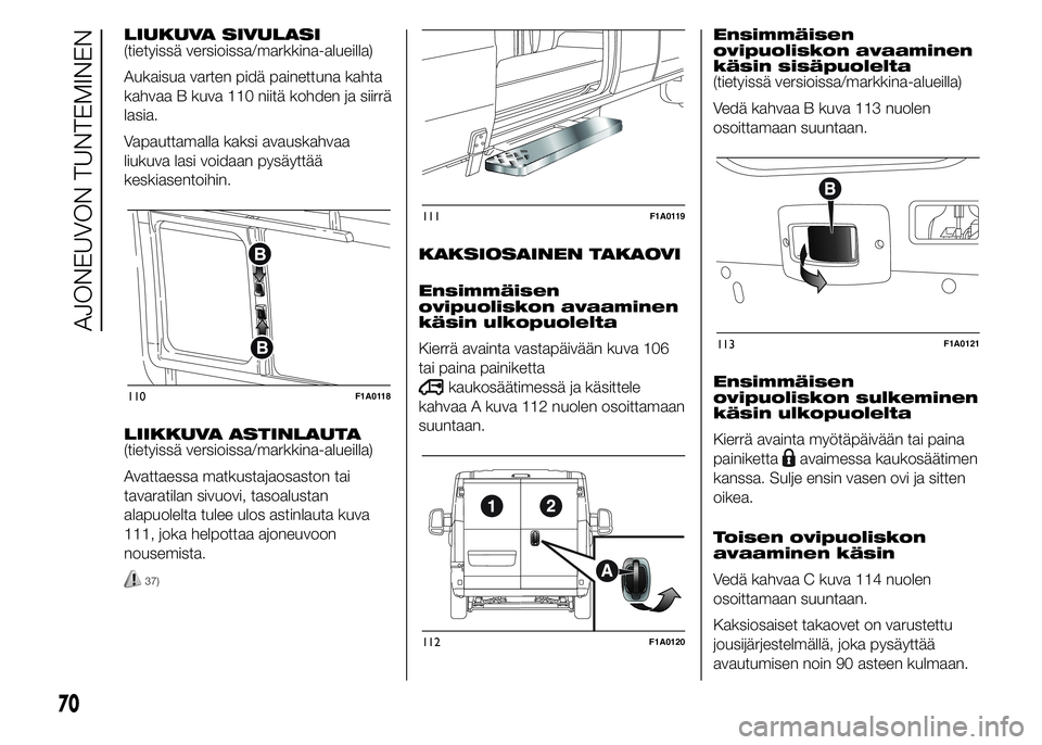 FIAT DUCATO 2016 Käyttö- ja huolto-ohjekirja (in in Finnish) LIUKUVA SIVULASI
(tietyissä versioissa/markkina-alueilla)
Aukaisua varten pidä painettuna kahta
kahvaa B kuva 110 niitä kohden ja siirrä
lasia.
Vapauttamalla kaksi avauskahvaa
liukuva lasi voidaan FIAT DUCATO 2016 Käyttö- ja huolto-ohjekirja (in in Finnish) LIUKUVA SIVULASI
(tietyissä versioissa/markkina-alueilla)
Aukaisua varten pidä painettuna kahta
kahvaa B kuva 110 niitä kohden ja siirrä
lasia.
Vapauttamalla kaksi avauskahvaa
liukuva lasi voidaan