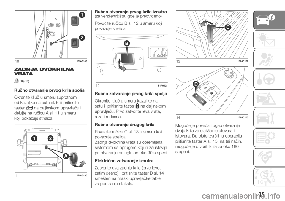 FIAT DUCATO 2018  Knjižica za upotrebu i održavanje (in Serbian) ZADNJA DVOKRILNA
VRATA
10) 11)
Ručno otvaranje prvog krila spolja
Okrenite ključ u smeru suprotnom
od kazaljke na satu sl. 6 ili pritisnite
taster
na daljinskom upravljaču i
delujte na ručicu A sl