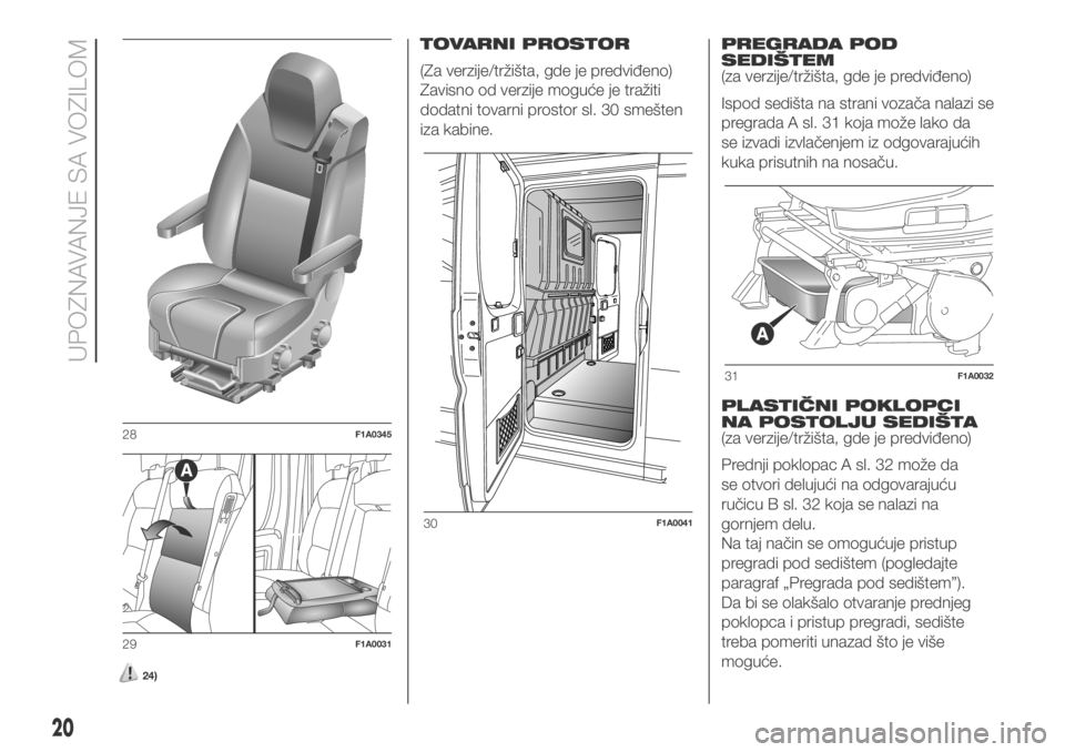 FIAT DUCATO 2018  Knjižica za upotrebu i održavanje (in Serbian) 24)
TOVARNI PROSTOR
(Za verzije/tržišta, gde je predviđeno)
Zavisno od verzije moguće je tražiti
dodatni tovarni prostor sl. 30 smešten
iza kabine.PREGRADA POD
SEDIŠTEM
(za verzije/tržišta, g