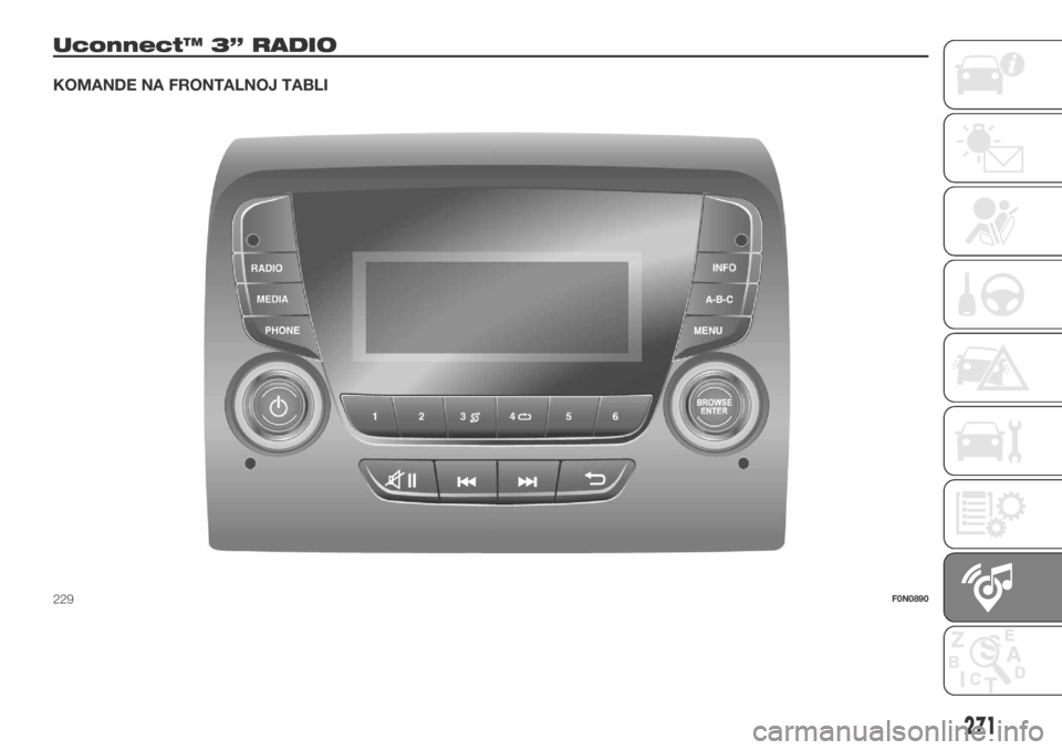 FIAT DUCATO 2017 Knjižica za upotrebu i održavanje (in Serbian) Uconnect™ 3” RADIO
KOMANDE NA FRONTALNOJ TABLI
229F0N0890
271 FIAT DUCATO 2017 Knjižica za upotrebu i održavanje (in Serbian) Uconnect™ 3” RADIO
KOMANDE NA FRONTALNOJ TABLI
229F0N0890
271
