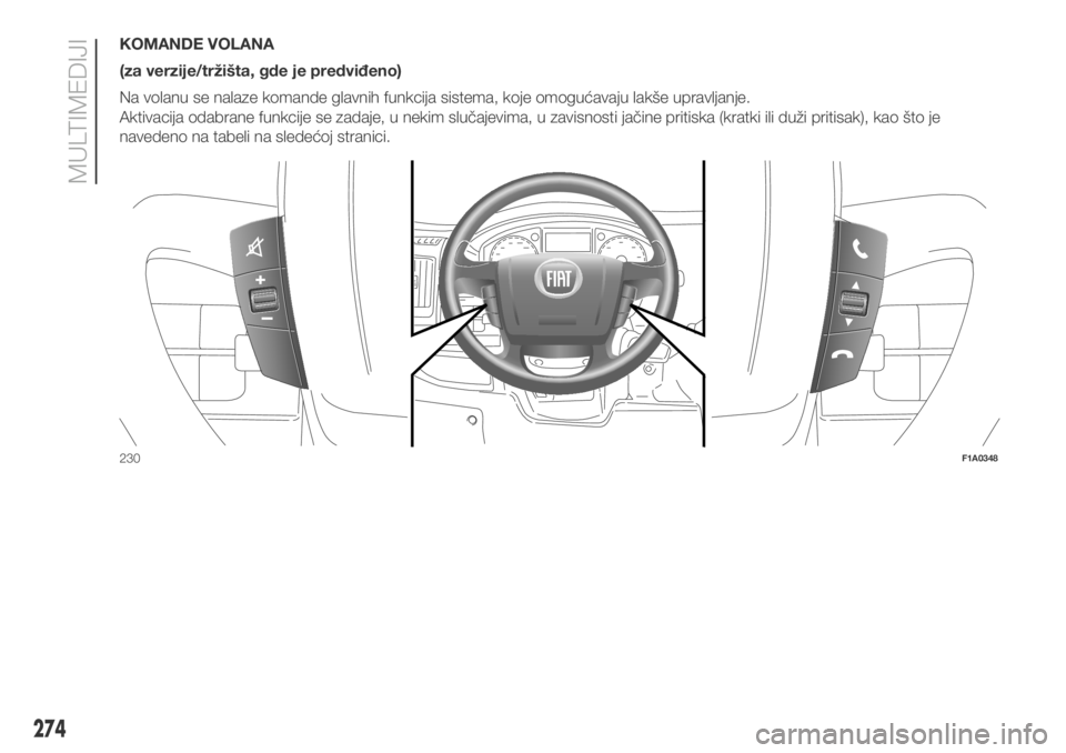 FIAT DUCATO 2017 Knjižica za upotrebu i održavanje (in Serbian) KOMANDE VOLANA
(za verzije/tržišta, gde je predviđeno)
Na volanu se nalaze komande glavnih funkcija sistema, koje omogućavaju lakše upravljanje.
Aktivacija odabrane funkcije se zadaje, u nekim sl FIAT DUCATO 2017 Knjižica za upotrebu i održavanje (in Serbian) KOMANDE VOLANA
(za verzije/tržišta, gde je predviđeno)
Na volanu se nalaze komande glavnih funkcija sistema, koje omogućavaju lakše upravljanje.
Aktivacija odabrane funkcije se zadaje, u nekim sl