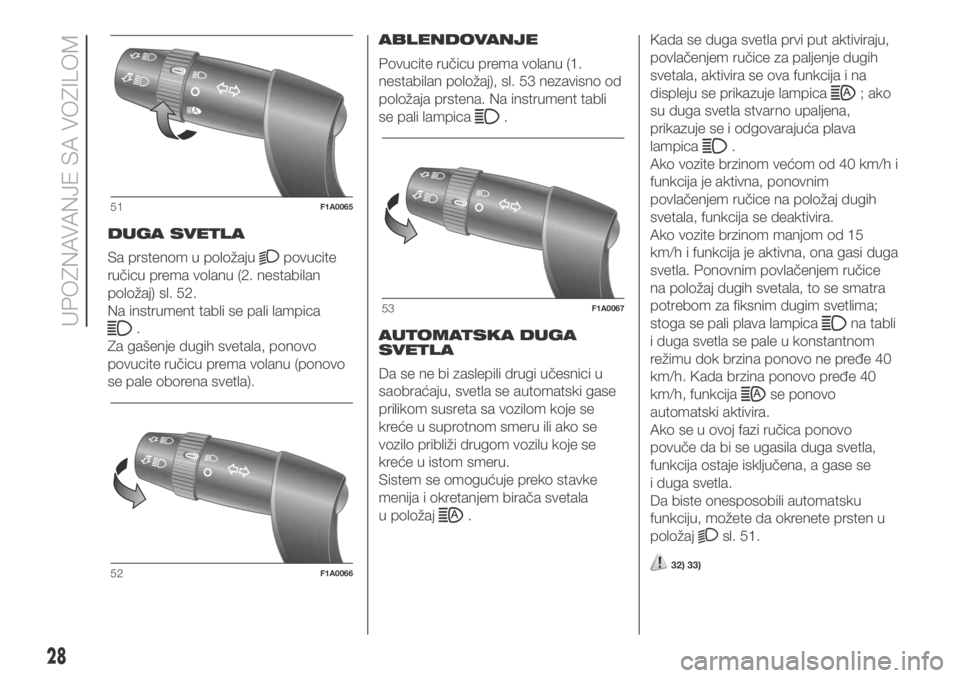 FIAT DUCATO 2018  Knjižica za upotrebu i održavanje (in Serbian) DUGA SVETLA
Sa prstenom u položaju
povucite
ručicu prema volanu (2. nestabilan
položaj) sl. 52.
Na instrument tabli se pali lampica
.
Za gašenje dugih svetala, ponovo
povucite ručicu prema volanu