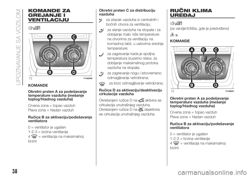 FIAT DUCATO 2018  Knjižica za upotrebu i održavanje (in Serbian) KOMANDE ZA
GREJANJE I
VENTILACIJU
KOMANDE
Okretni prsten A za podešavanje
temperature vazduha (mešanje
toplog/hladnog vazduha)
Crvena zona = topao vazduh
Plava zona = hladan vazduh
Ručica B za akti