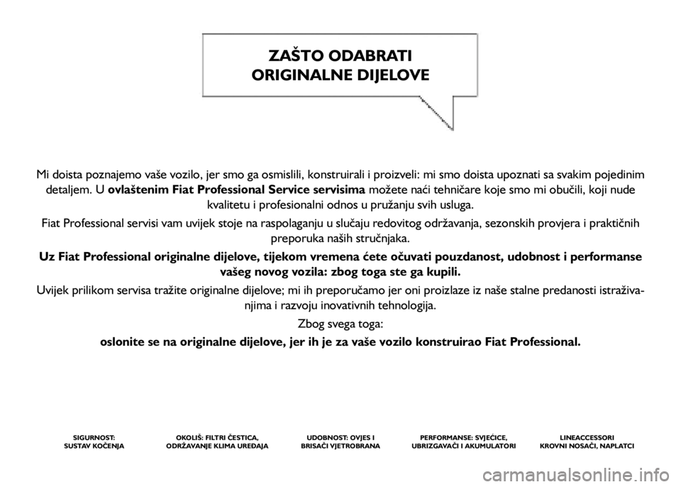 FIAT DUCATO 2015 Knjižica s uputama za uporabu i održavanje (in Croatian) ZAŠTO ODABRATI
ORIGINALNE DIJELOVE
Mi doista poznajemo vaše vozilo, jer smo ga osmislili, konstruirali i proizveli: mi smo doista upoznati sa svakim pojedinim detaljem. U ovlaštenim Fiat Profes FIAT DUCATO 2015 Knjižica s uputama za uporabu i održavanje (in Croatian) ZAŠTO ODABRATI
ORIGINALNE DIJELOVE
Mi doista poznajemo vaše vozilo, jer smo ga osmislili, konstruirali i proizveli: mi smo doista upoznati sa svakim pojedinim detaljem. U ovlaštenim Fiat Profes