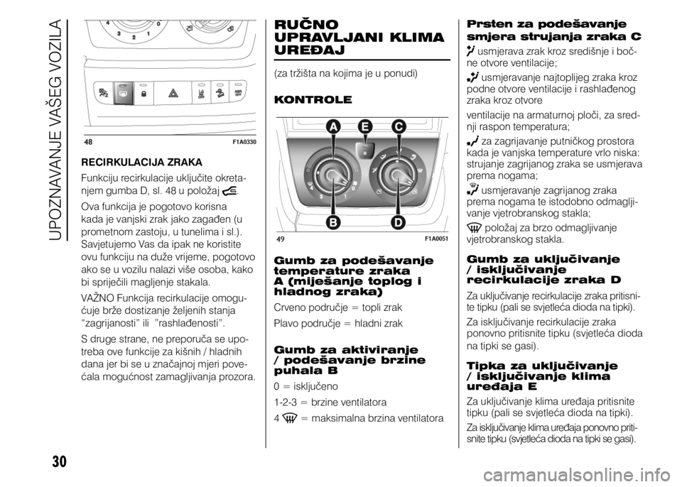 FIAT DUCATO 2015  Knjižica s uputama za uporabu i održavanje (in Croatian) 30
RECIRKULACIJA ZRAKA
Funkciju recirkulacije uključite okreta-
njem gumba D, sl. 48 u položaj 
.
Ova funkcija je pogotovo korisna 
kada je vanjski zrak jako zagađen (u 
prometnom zastoju, u tuneli