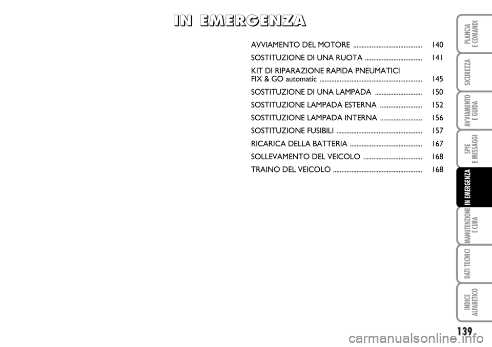 FIAT DUCATO 2006  Libretto Uso Manutenzione (in Italian) 139
SPIE
E MESSAGGI
MANUTENZIONE
E CURA
DATI TECNICI
INDICE
ALFABETICO
PLANCIA
E COMANDI
SICUREZZA
AVVIAMENTO 
E GUIDA
IN EMERGENZA
AVVIAMENTO DEL MOTORE  ......................................... 140