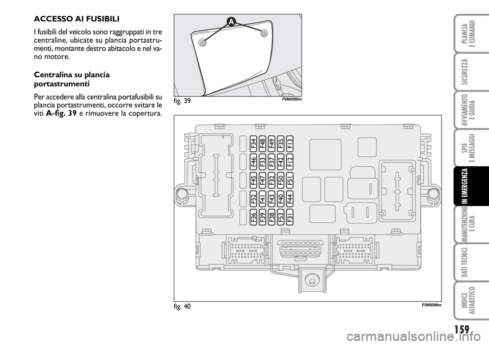 FIAT DUCATO 2006  Libretto Uso Manutenzione (in Italian) 159
SPIE
E MESSAGGI
MANUTENZIONE
E CURA
DATI TECNICI
INDICE
ALFABETICO
PLANCIA
E COMANDI
SICUREZZA
AVVIAMENTO 
E GUIDA
IN EMERGENZA
ACCESSO AI FUSIBILI
I fusibili del veicolo sono raggruppati in tre
c