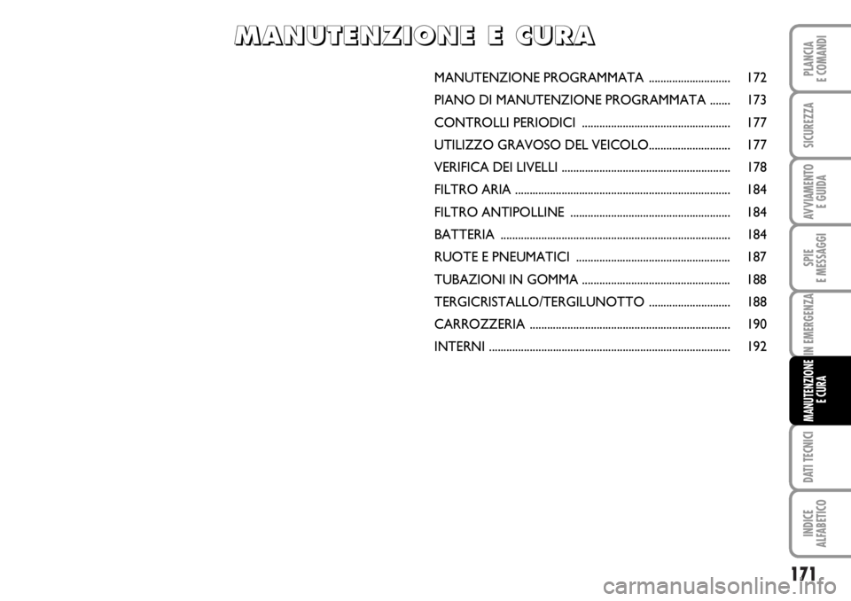 FIAT DUCATO 2006  Libretto Uso Manutenzione (in Italian) 171
SPIE
E MESSAGGI
DATI TECNICI
INDICE
ALFABETICO
PLANCIA
E COMANDI
SICUREZZA
AVVIAMENTO 
E GUIDA
IN EMERGENZA
MANUTENZIONE
E CURA
MANUTENZIONE PROGRAMMATA  ............................ 172
PIANO DI 