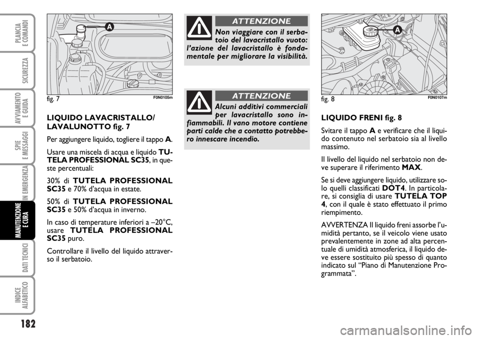 FIAT DUCATO 2006  Libretto Uso Manutenzione (in Italian) 182
SPIE
E MESSAGGI
DATI TECNICI
INDICE
ALFABETICO
PLANCIA
E COMANDI
SICUREZZA
AVVIAMENTO 
E GUIDA
IN EMERGENZA
MANUTENZIONE
E CURA 
LIQUIDO FRENI fig. 8
Svitare il tappo Ae verificare che il liqui-
d