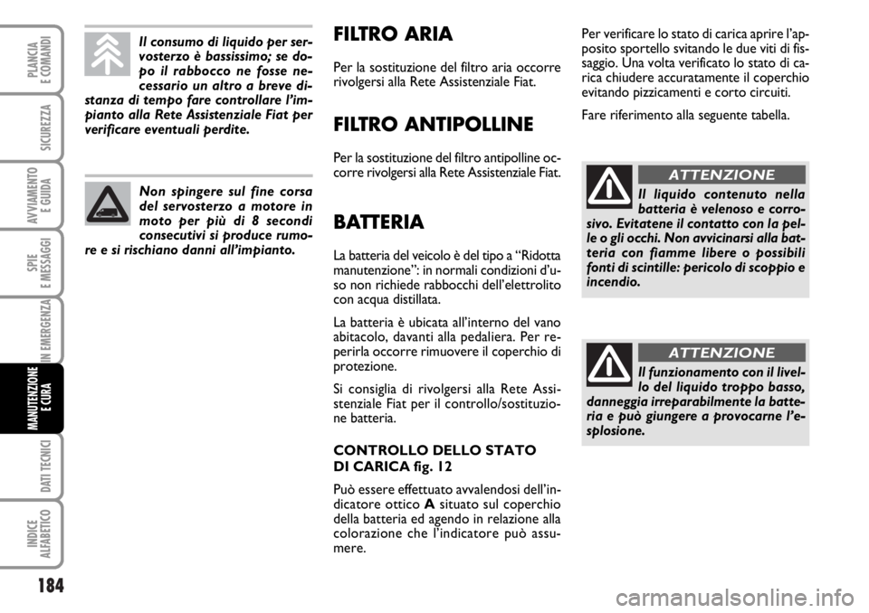 FIAT DUCATO 2006  Libretto Uso Manutenzione (in Italian) 184
SPIE
E MESSAGGI
DATI TECNICI
INDICE
ALFABETICO
PLANCIA
E COMANDI
SICUREZZA
AVVIAMENTO 
E GUIDA
IN EMERGENZA
MANUTENZIONE
E CURA 
FILTRO ARIA
Per la sostituzione del filtro aria occorre
rivolgersi 