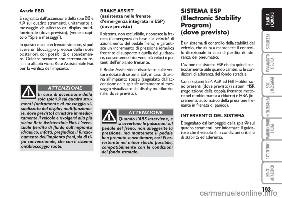 FIAT DUCATO 2007  Libretto Uso Manutenzione (in Italian) 103
SICUREZZA
AVVIAMENTO 
E GUIDA
SPIE
E MESSAGGI
IN EMERGENZA
MANUTENZIONE
E CURA
DATI TECNICI
INDICE
ALFABETICO
PLANCIA
E COMANDI
BRAKE ASSIST 
(assistenza nelle frenate
d’emergenza integrata in E