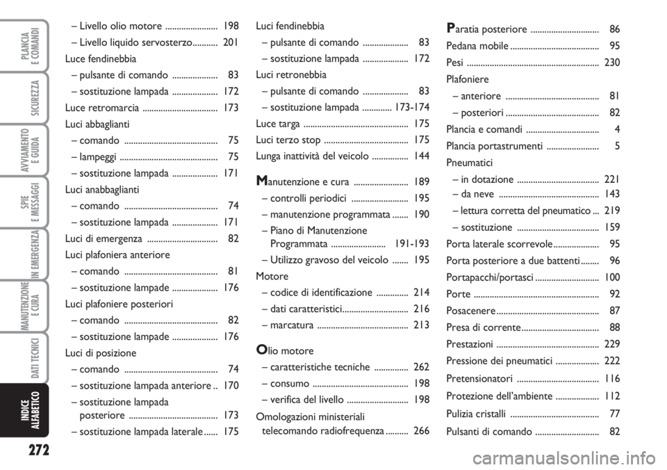 FIAT DUCATO 2007  Libretto Uso Manutenzione (in Italian) 272
SPIE
E MESSAGGI
PLANCIA
E COMANDI
SICUREZZA
AVVIAMENTO 
E GUIDA
IN EMERGENZA
MANUTENZIONE
E CURA 
DATI TECNICI
INDICE
ALFABETICO
Luci fendinebbia
– pulsante di comando  .................... 83
�