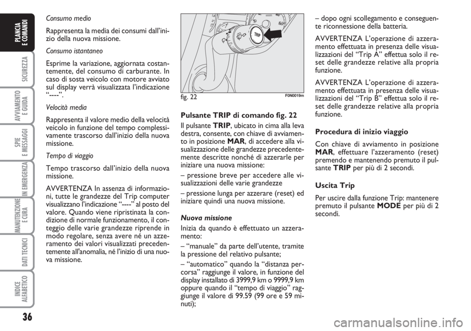 FIAT DUCATO 2007 Libretto Uso Manutenzione (in Italian) Consumo medio
Rappresenta la media dei consumi dall’ini-
zio della nuova missione.
Consumo istantaneo
Esprime la variazione, aggiornata costan-
temente, del consumo di carburante. In
caso di sosta v FIAT DUCATO 2007 Libretto Uso Manutenzione (in Italian) Consumo medio
Rappresenta la media dei consumi dall’ini-
zio della nuova missione.
Consumo istantaneo
Esprime la variazione, aggiornata costan-
temente, del consumo di carburante. In
caso di sosta v