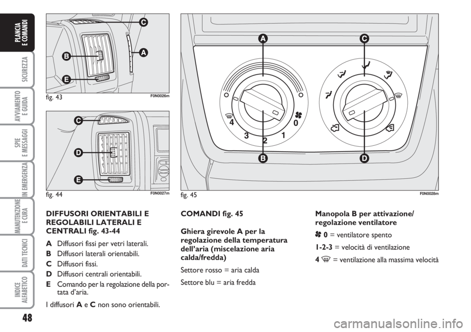 FIAT DUCATO 2007  Libretto Uso Manutenzione (in Italian) 48
SICUREZZA
AVVIAMENTO 
E GUIDA
SPIE
E MESSAGGI
IN EMERGENZA
MANUTENZIONE
E CURA 
DATI TECNICI
INDICE
ALFABETICO
PLANCIA
E COMANDI
COMANDI fig. 45
Ghiera girevole A per la
regolazione della temperatu
