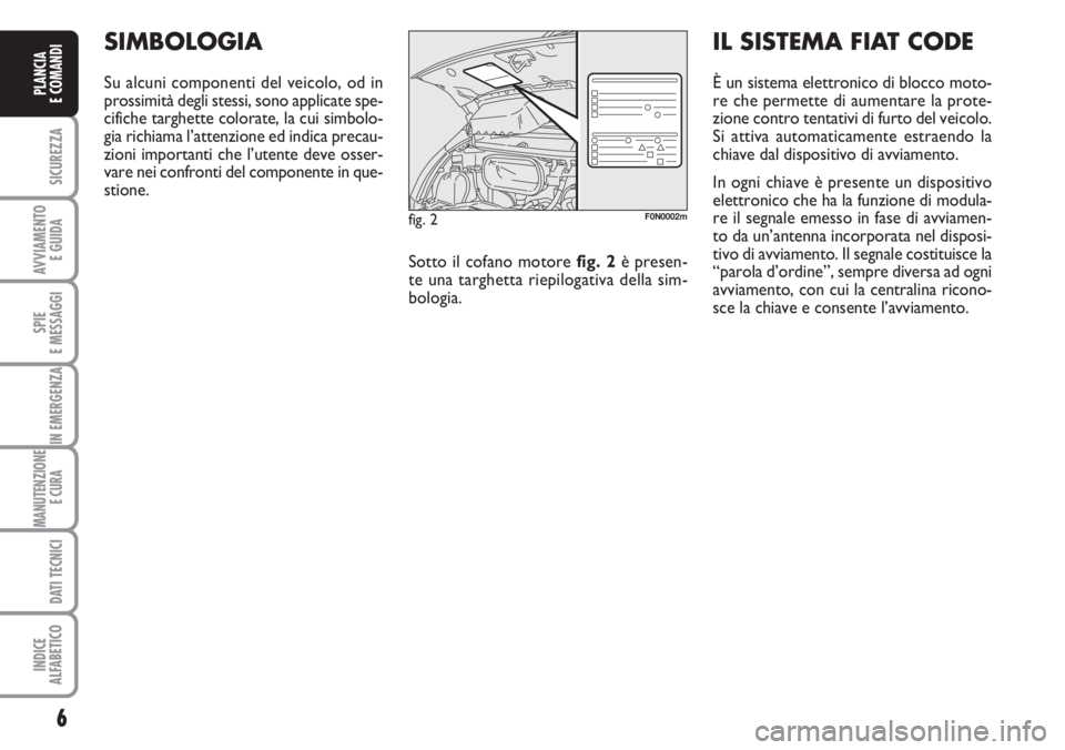 FIAT DUCATO 2007  Libretto Uso Manutenzione (in Italian) 6
SICUREZZA
AVVIAMENTO 
E GUIDA
SPIE
E MESSAGGI
IN EMERGENZA
MANUTENZIONE
E CURA 
DATI TECNICI
INDICE
ALFABETICO
PLANCIA
E COMANDI
SIMBOLOGIA
Su alcuni componenti del veicolo, od in
prossimità degli 