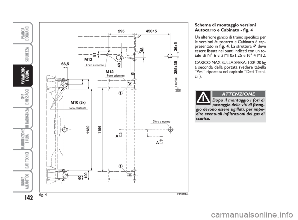 FIAT DUCATO 2008 Libretto Uso Manutenzione (in Italian) 142
SPIE
E MESSAGGI
IN EMERGENZA
MANUTENZIONE
E CURA
DATI TECNICI
INDICE
ALFABETICO
PLANCIA
E COMANDI
SICUREZZA
AVVIAMENTO
E GUIDA
fig. 4F0N0250m
Schema di montaggio versioni
Autocarro e Cabinato - FIAT DUCATO 2008 Libretto Uso Manutenzione (in Italian) 142
SPIE
E MESSAGGI
IN EMERGENZA
MANUTENZIONE
E CURA
DATI TECNICI
INDICE
ALFABETICO
PLANCIA
E COMANDI
SICUREZZA
AVVIAMENTO
E GUIDA
fig. 4F0N0250m
Schema di montaggio versioni
Autocarro e Cabinato -