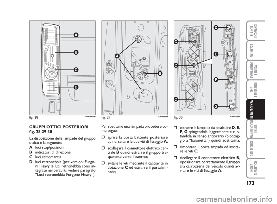FIAT DUCATO 2008 Libretto Uso Manutenzione (in Italian) 173
SPIE
E MESSAGGI
MANUTENZIONE
E CURA
DATI TECNICI
INDICE
ALFABETICO
PLANCIA
E COMANDI
SICUREZZA
AVVIAMENTO
E GUIDA
IN EMERGENZA
GRUPPI OTTICI POSTERIORI
fig. 28-29-30
La disposizione delle lampad FIAT DUCATO 2008 Libretto Uso Manutenzione (in Italian) 173
SPIE
E MESSAGGI
MANUTENZIONE
E CURA
DATI TECNICI
INDICE
ALFABETICO
PLANCIA
E COMANDI
SICUREZZA
AVVIAMENTO
E GUIDA
IN EMERGENZA
GRUPPI OTTICI POSTERIORI
fig. 28-29-30
La disposizione delle lampad