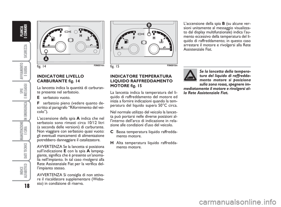 FIAT DUCATO 2008 Libretto Uso Manutenzione (in Italian) 18
SICUREZZA
AVVIAMENTO
E GUIDA
SPIE
E MESSAGGI
IN EMERGENZA
MANUTENZIONE
E CURA
DATI TECNICI
INDICE
ALFABETICO
PLANCIA
E COMANDI
INDICATORE LIVELLO
CARBURANTE fig. 14
La lancetta indica la quantit FIAT DUCATO 2008 Libretto Uso Manutenzione (in Italian) 18
SICUREZZA
AVVIAMENTO
E GUIDA
SPIE
E MESSAGGI
IN EMERGENZA
MANUTENZIONE
E CURA
DATI TECNICI
INDICE
ALFABETICO
PLANCIA
E COMANDI
INDICATORE LIVELLO
CARBURANTE fig. 14
La lancetta indica la quantit